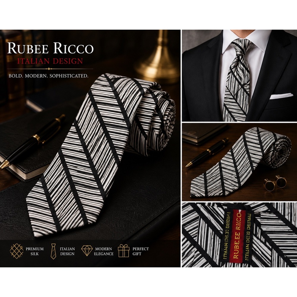 Rubee Ricco Italian Design Black White Geometric Silk Necktie Modern Tie